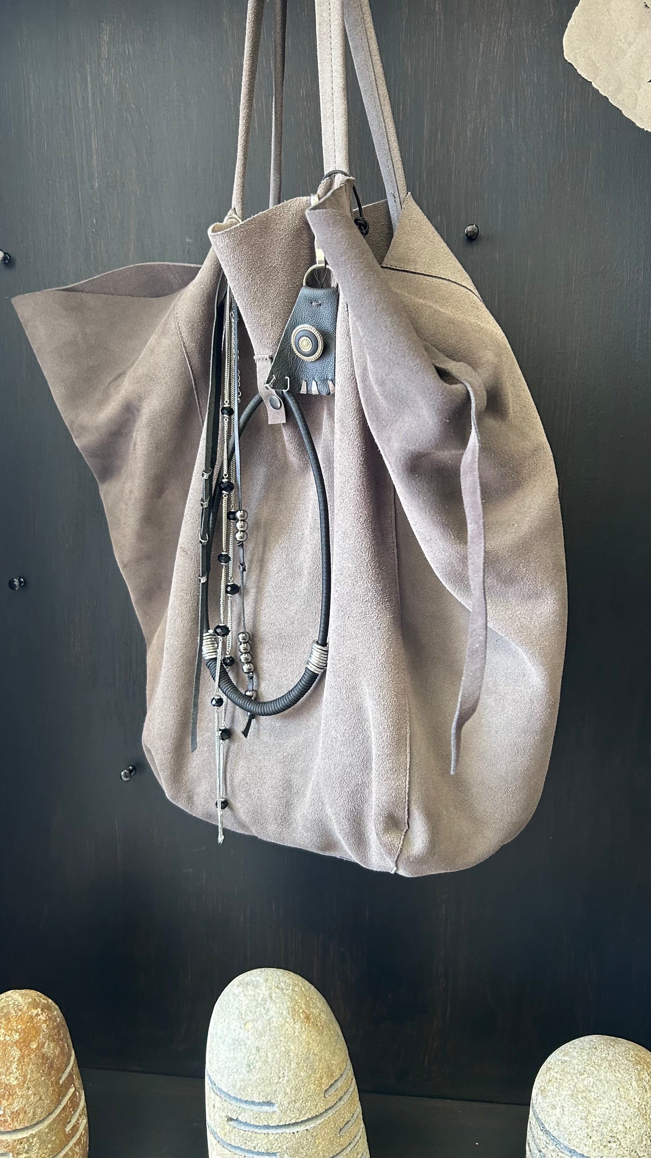 Suede Large Tote Bag with Charms